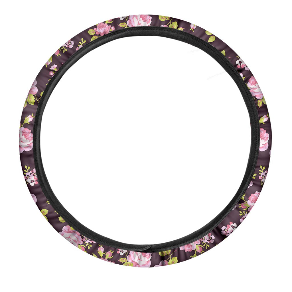 Vintage Pink Rose Floral Pattern Print Car Steering Wheel Cover