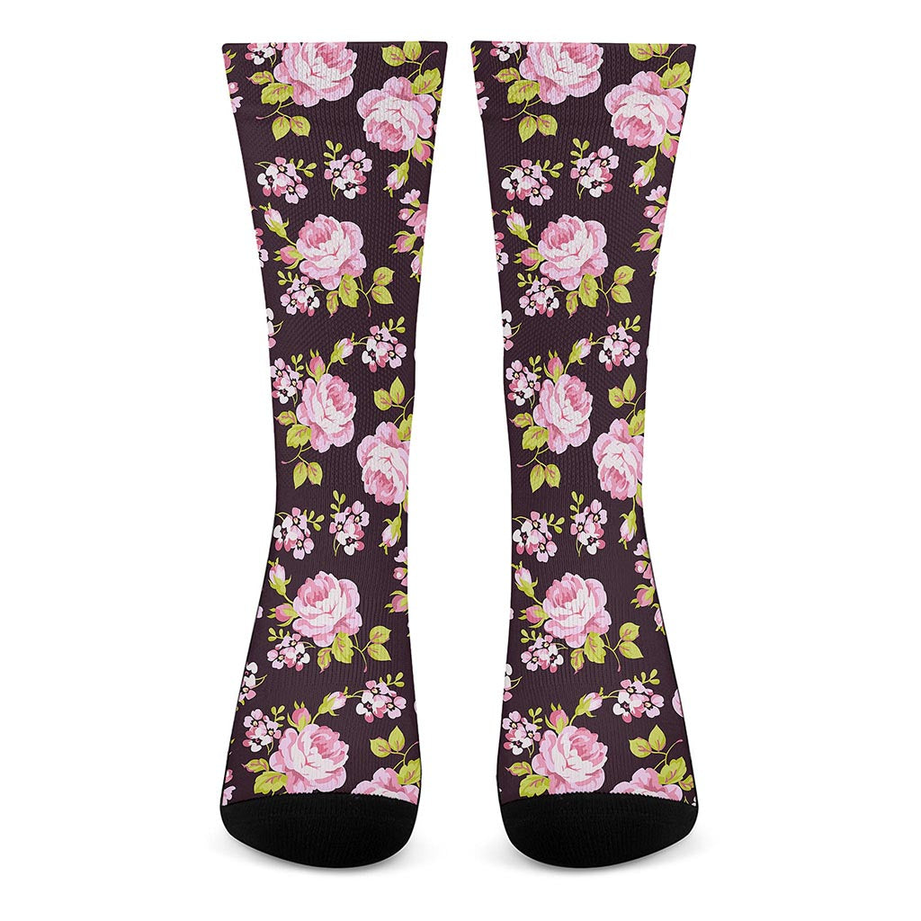 Vintage Pink Rose Floral Pattern Print Crew Socks