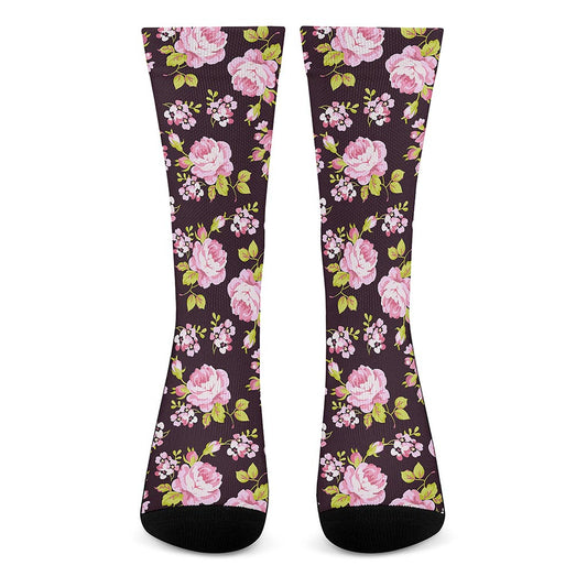 Vintage Pink Rose Floral Pattern Print Crew Socks