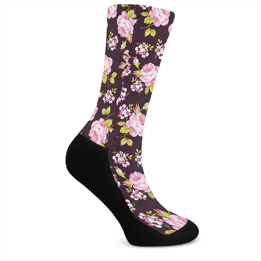 Vintage Pink Rose Floral Pattern Print Crew Socks