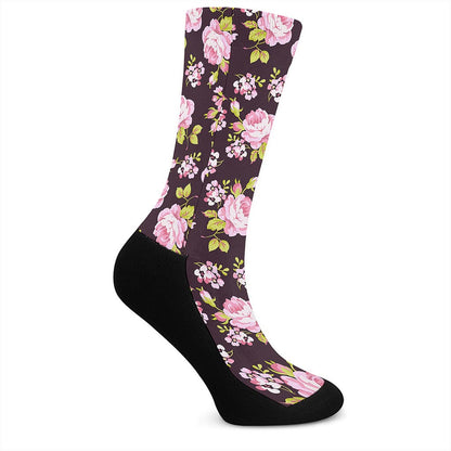 Vintage Pink Rose Floral Pattern Print Crew Socks