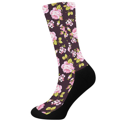 Vintage Pink Rose Floral Pattern Print Crew Socks
