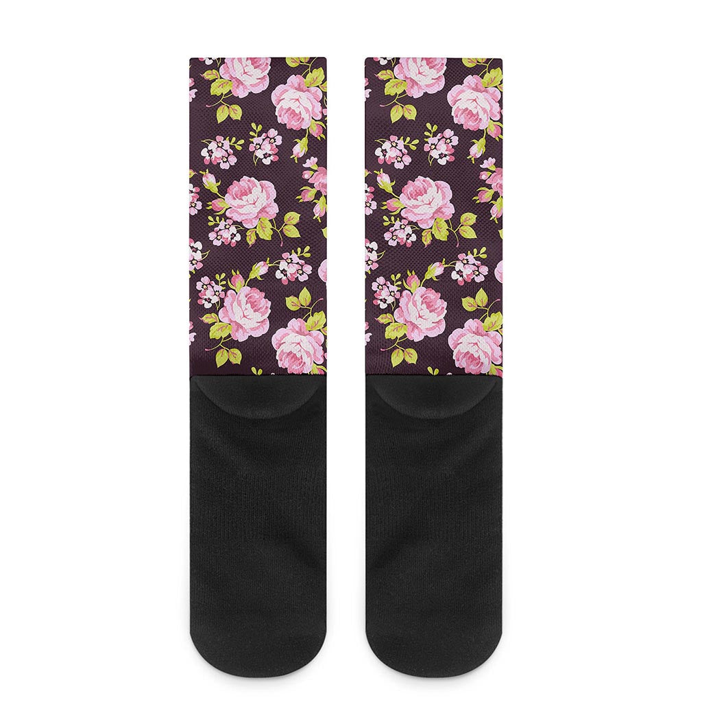 Vintage Pink Rose Floral Pattern Print Crew Socks