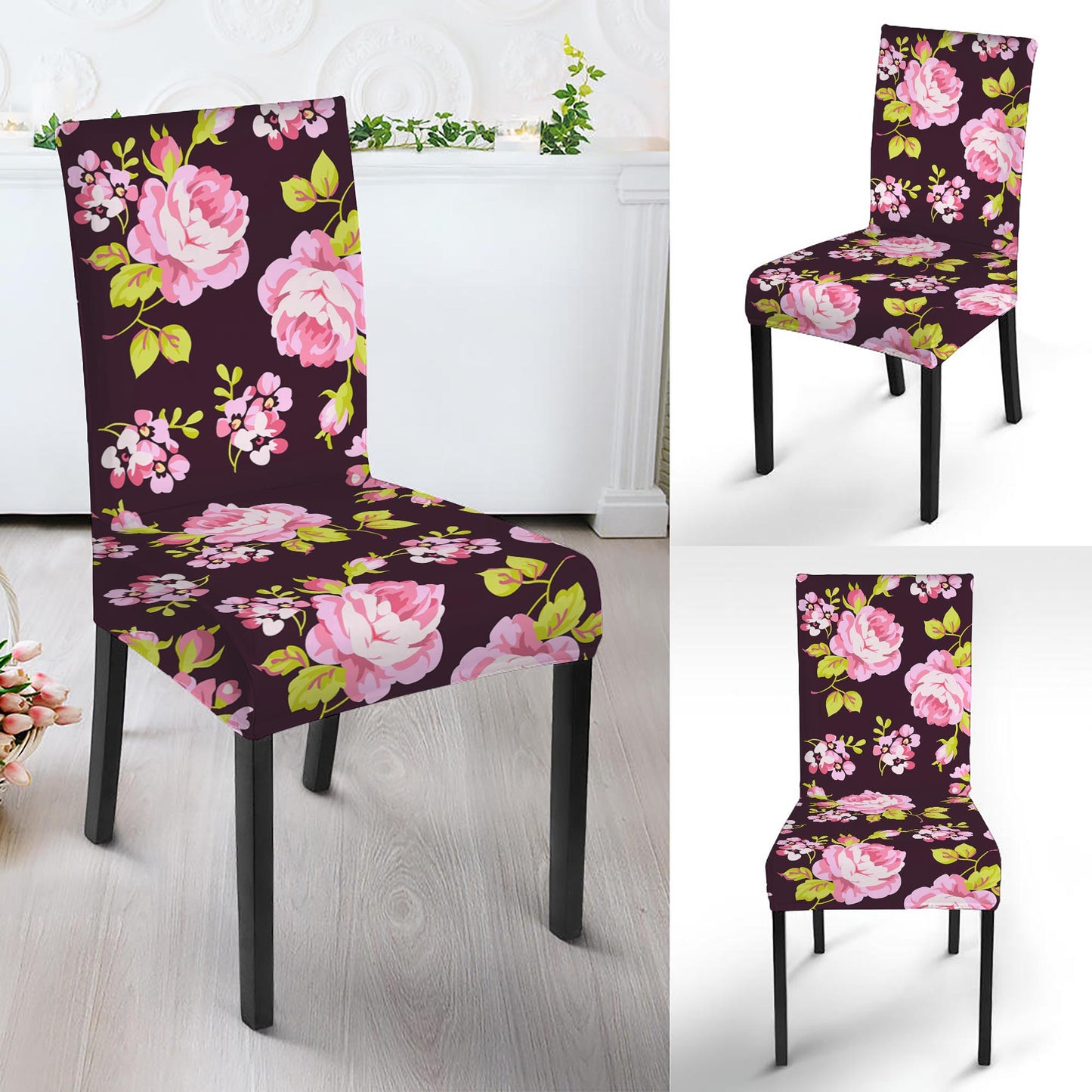 Vintage Pink Rose Floral Pattern Print Dining Chair Slipcover