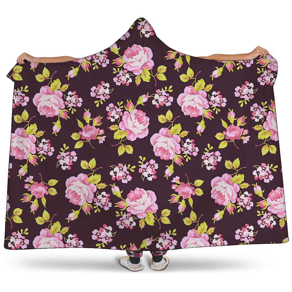 Vintage Pink Rose Floral Pattern Print Hooded Blanket