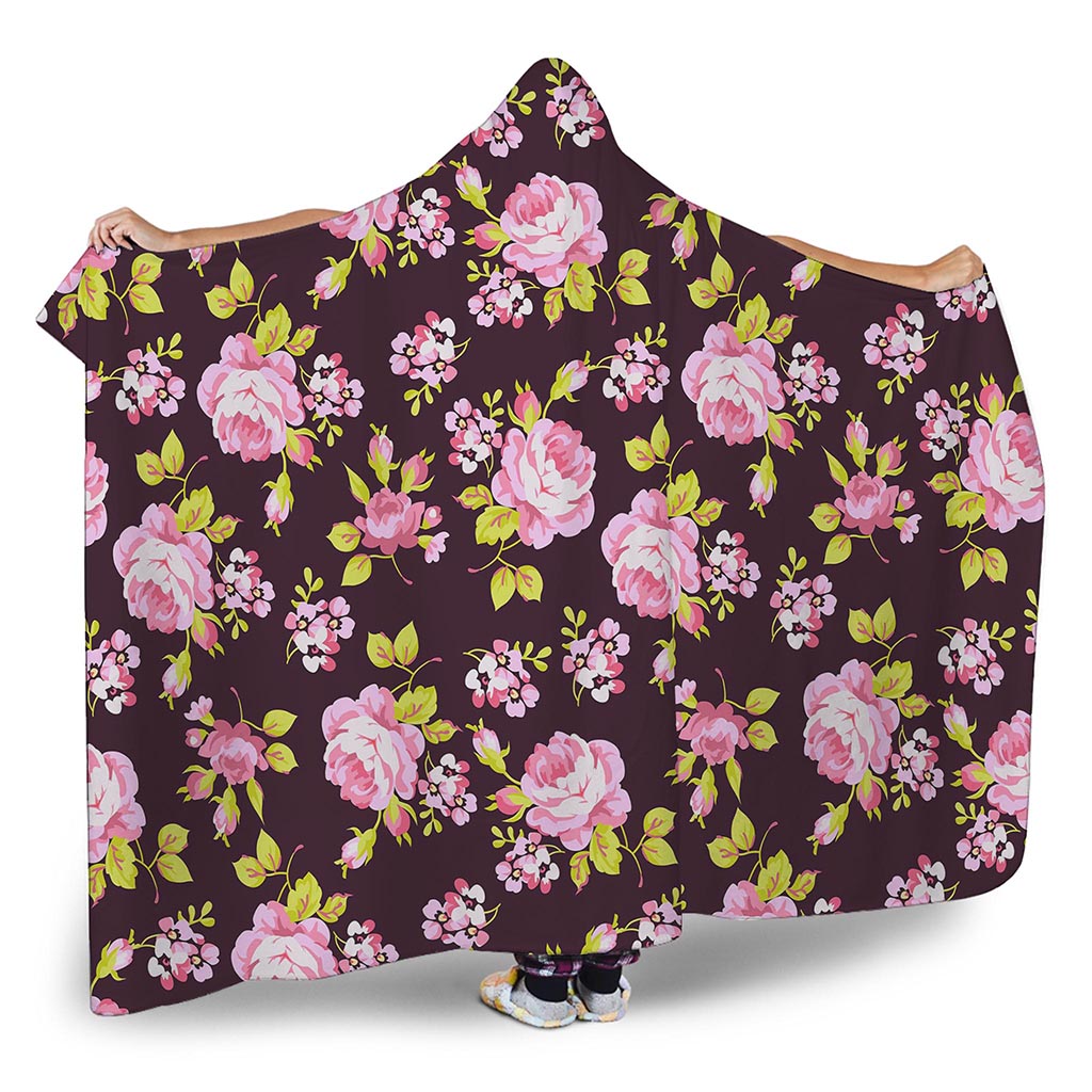Vintage Pink Rose Floral Pattern Print Hooded Blanket