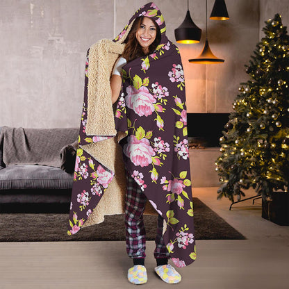 Vintage Pink Rose Floral Pattern Print Hooded Blanket