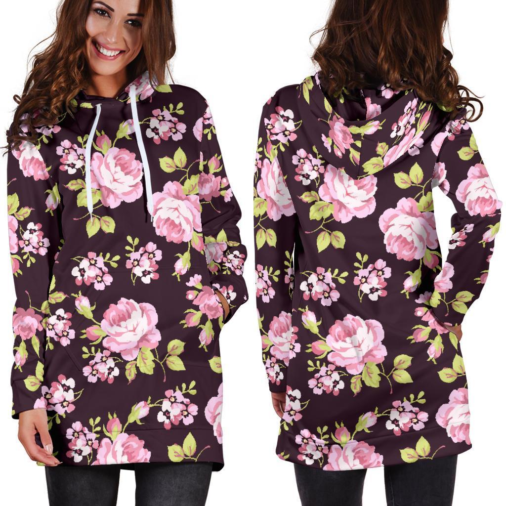Vintage Pink Rose Floral Pattern Print Hoodie Dress GearFrost