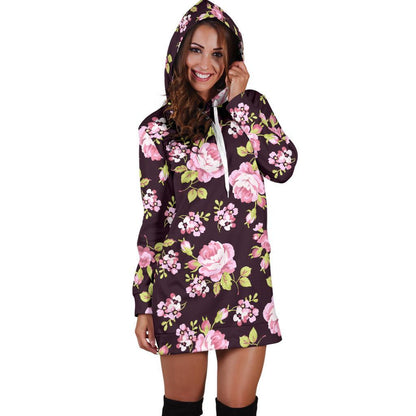 Vintage Pink Rose Floral Pattern Print Hoodie Dress GearFrost