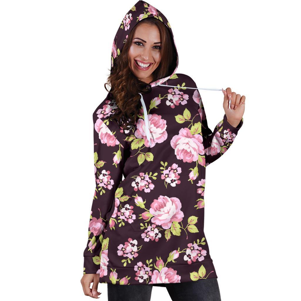 Vintage Pink Rose Floral Pattern Print Hoodie Dress GearFrost