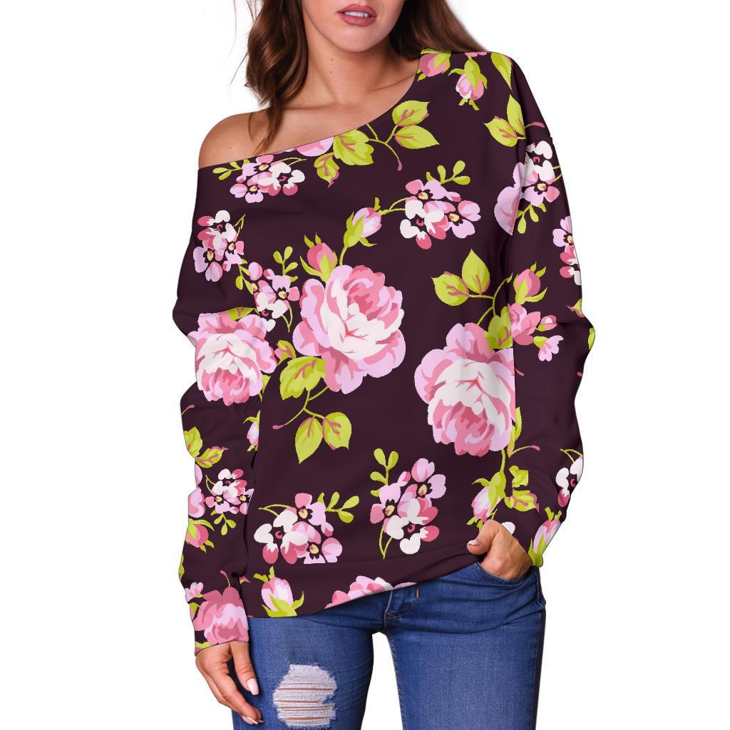 Vintage Pink Rose Floral Pattern Print Off Shoulder Sweatshirt GearFrost