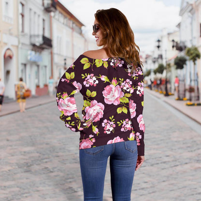 Vintage Pink Rose Floral Pattern Print Off Shoulder Sweatshirt GearFrost