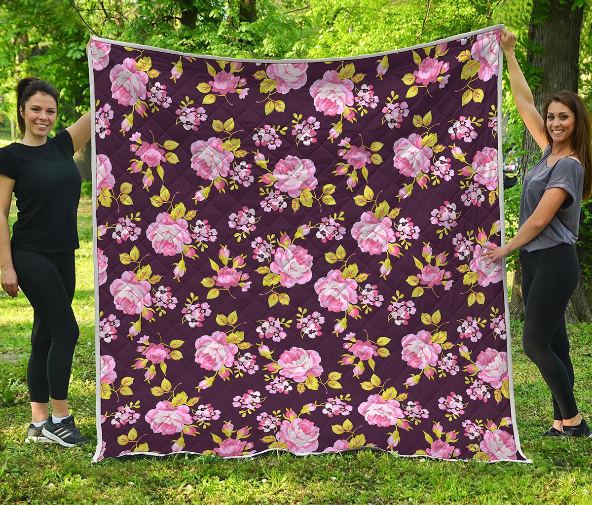 Vintage Pink Rose Floral Pattern Print Quilt