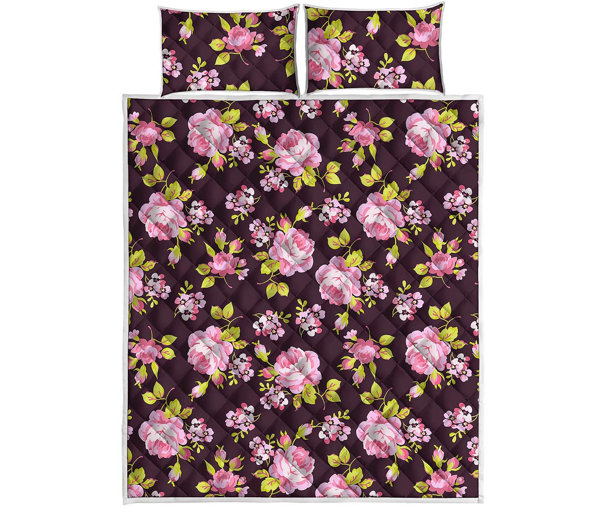 Vintage Pink Rose Floral Pattern Print Quilt Bed Set