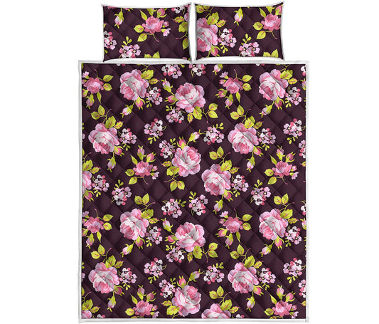 Vintage Pink Rose Floral Pattern Print Quilt Bed Set