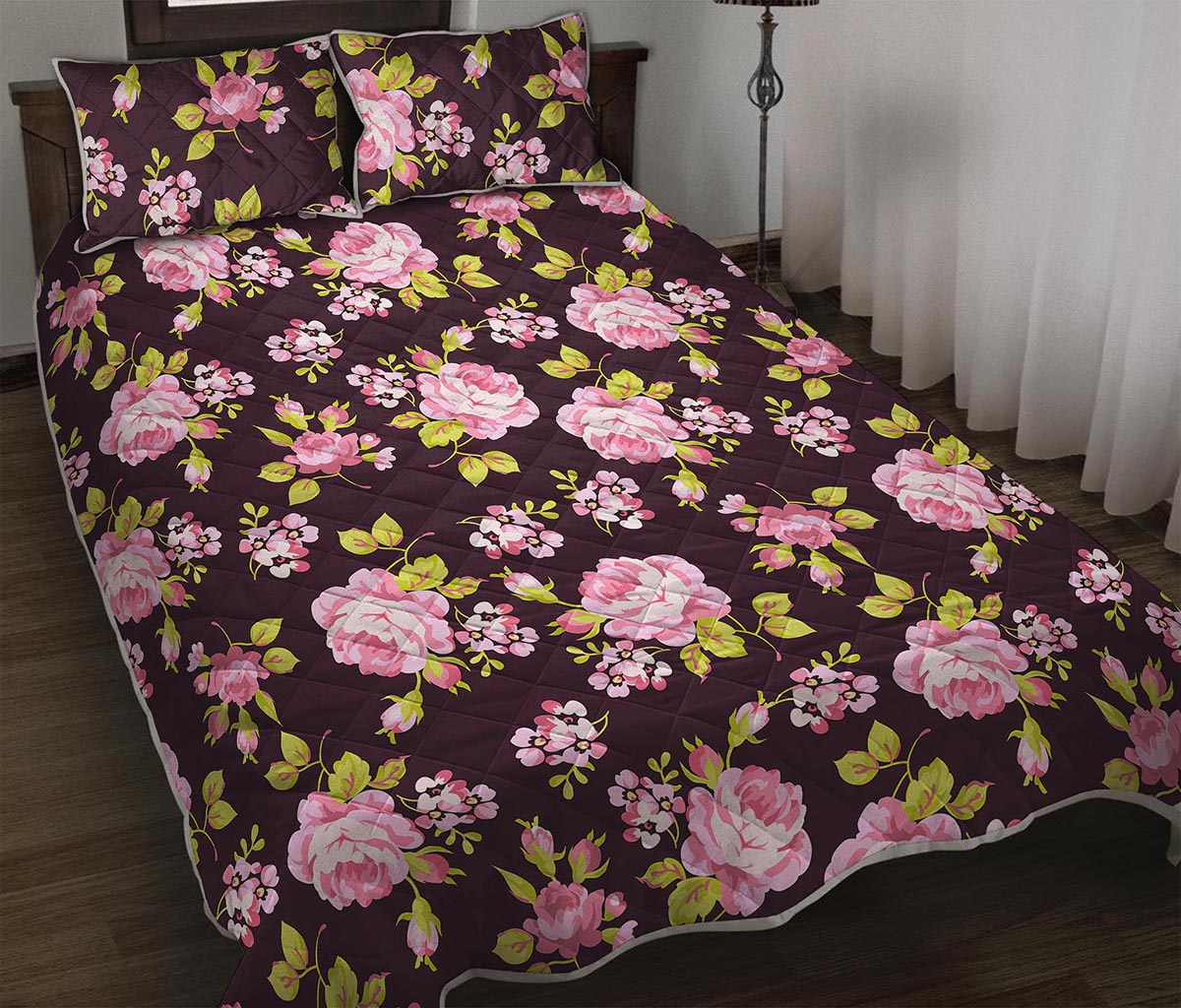 Vintage Pink Rose Floral Pattern Print Quilt Bed Set