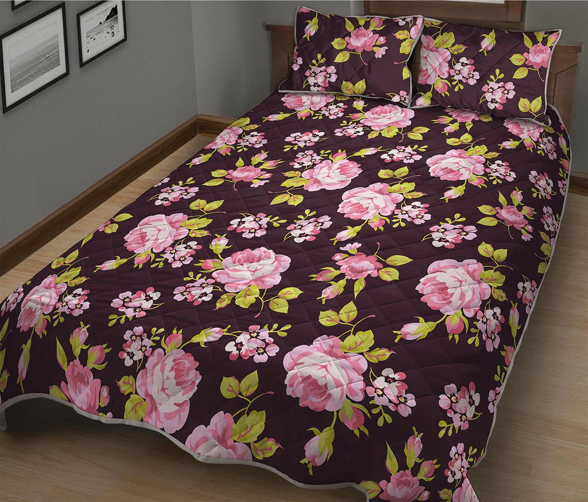 Vintage Pink Rose Floral Pattern Print Quilt Bed Set