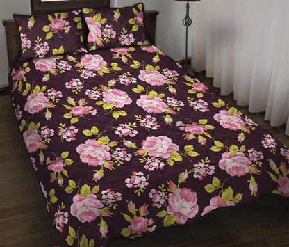 Vintage Pink Rose Floral Pattern Print Quilt Bed Set