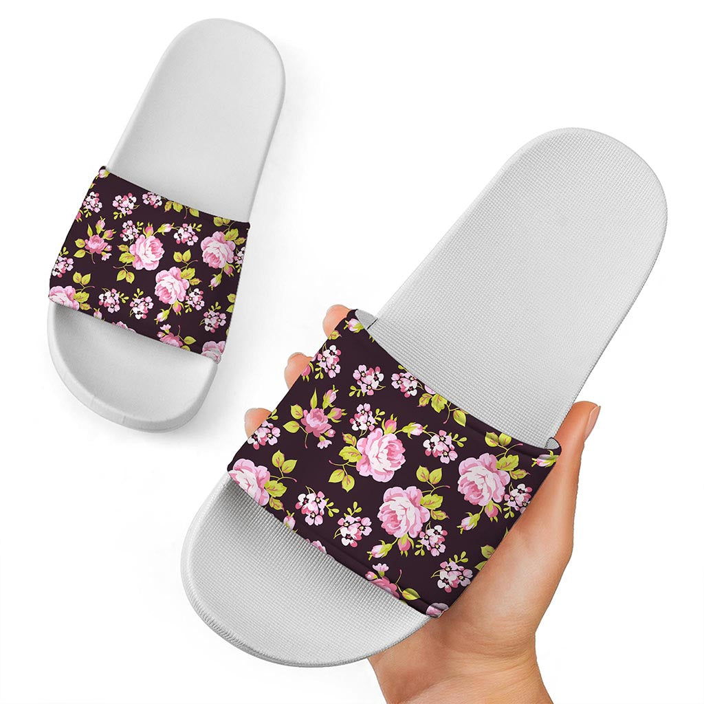 Vintage Pink Rose Floral Pattern Print White Slide Sandals