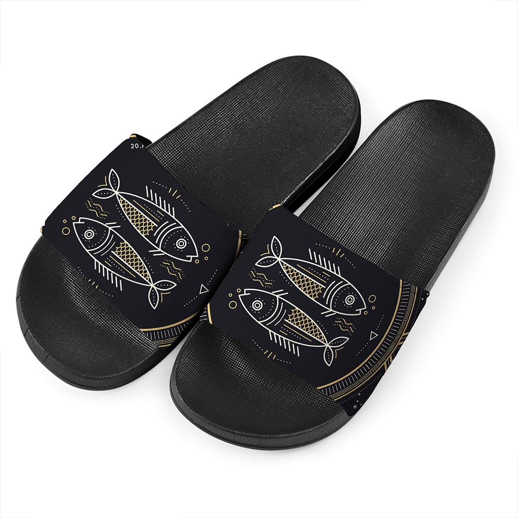 Vintage Pisces Zodiac Sign Print Black Slide Sandals