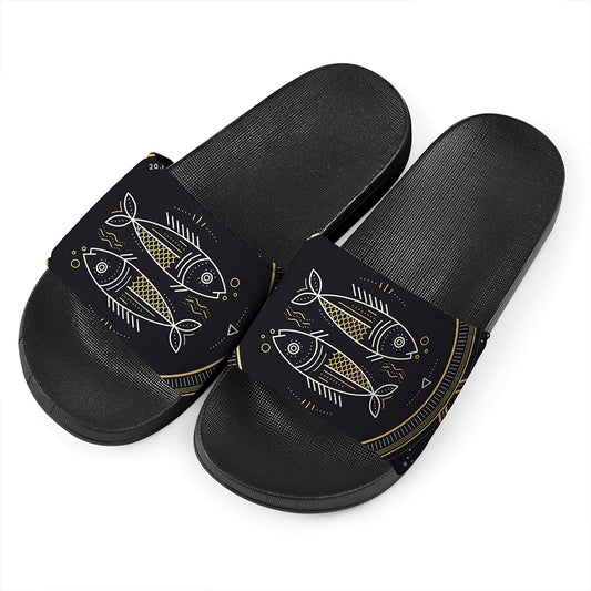 Vintage Pisces Zodiac Sign Print Black Slide Sandals
