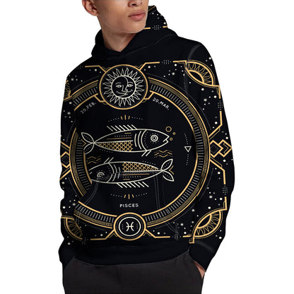Vintage Pisces Zodiac Sign Print Pullover Hoodie