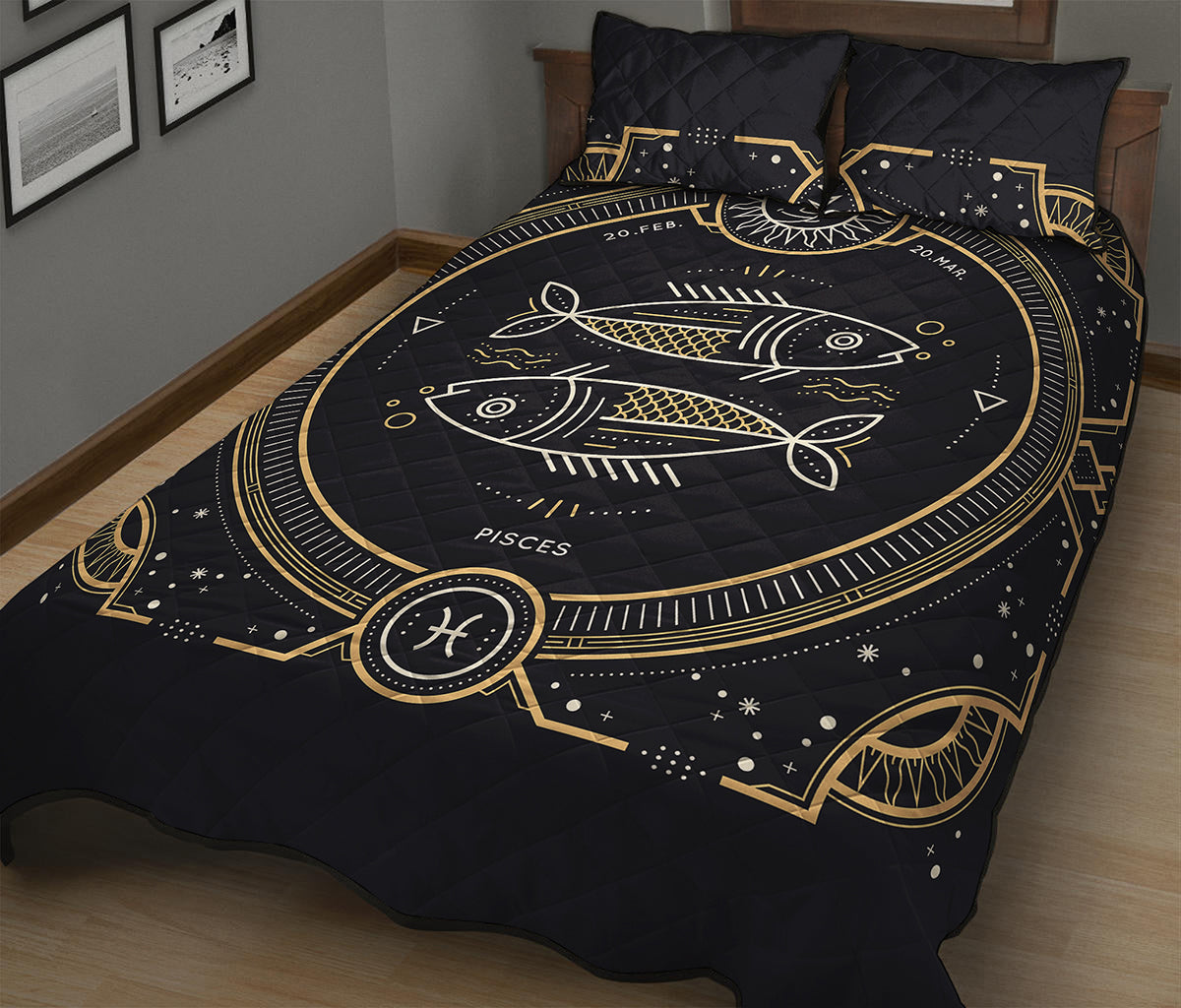 Vintage Pisces Zodiac Sign Print Quilt Bed Set