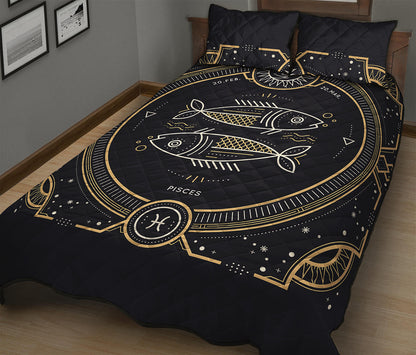 Vintage Pisces Zodiac Sign Print Quilt Bed Set