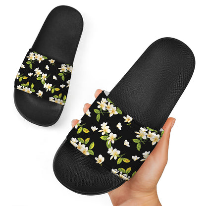Vintage Plumeria Flower Pattern Print Black Slide Sandals
