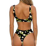 Vintage Plumeria Flower Pattern Print Front Bow Tie Bikini