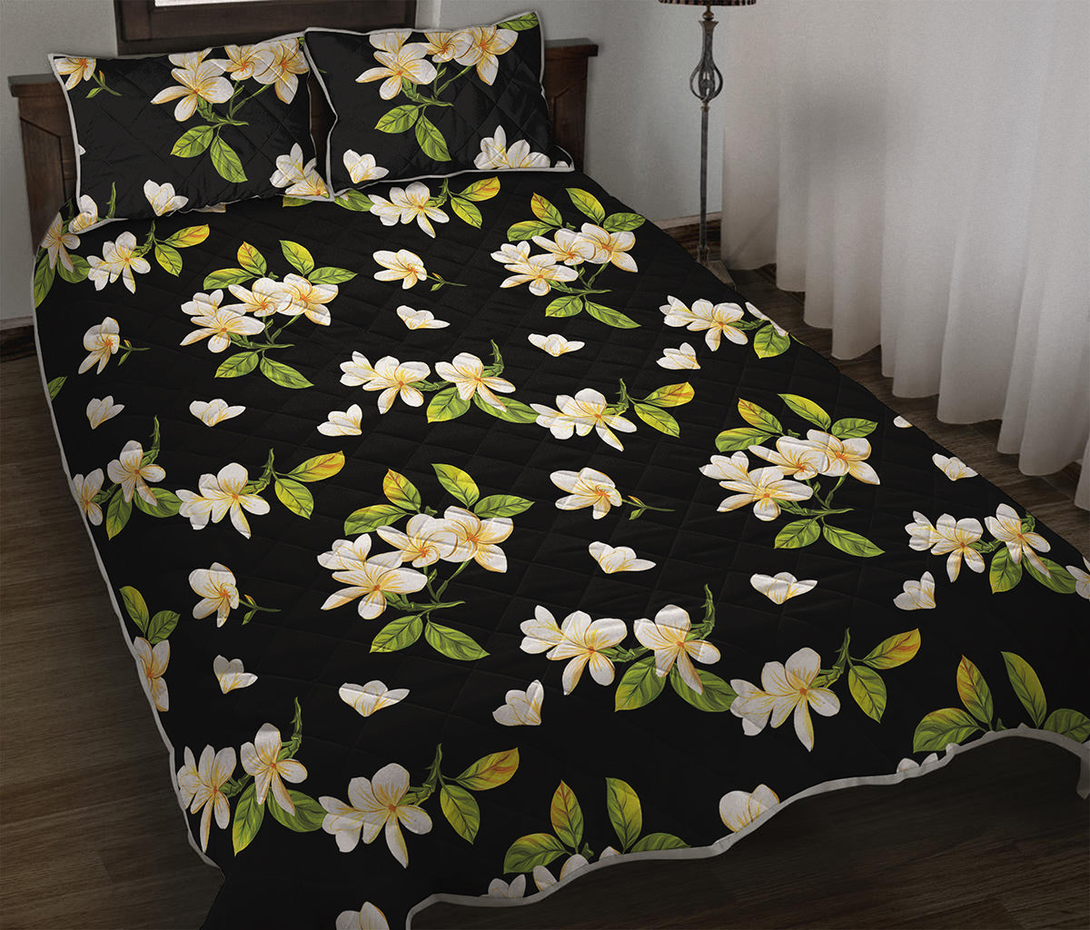 Vintage Plumeria Flower Pattern Print Quilt Bed Set