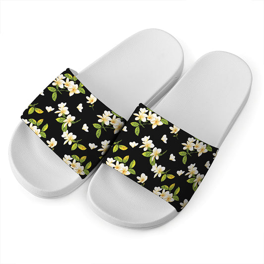 Vintage Plumeria Flower Pattern Print White Slide Sandals