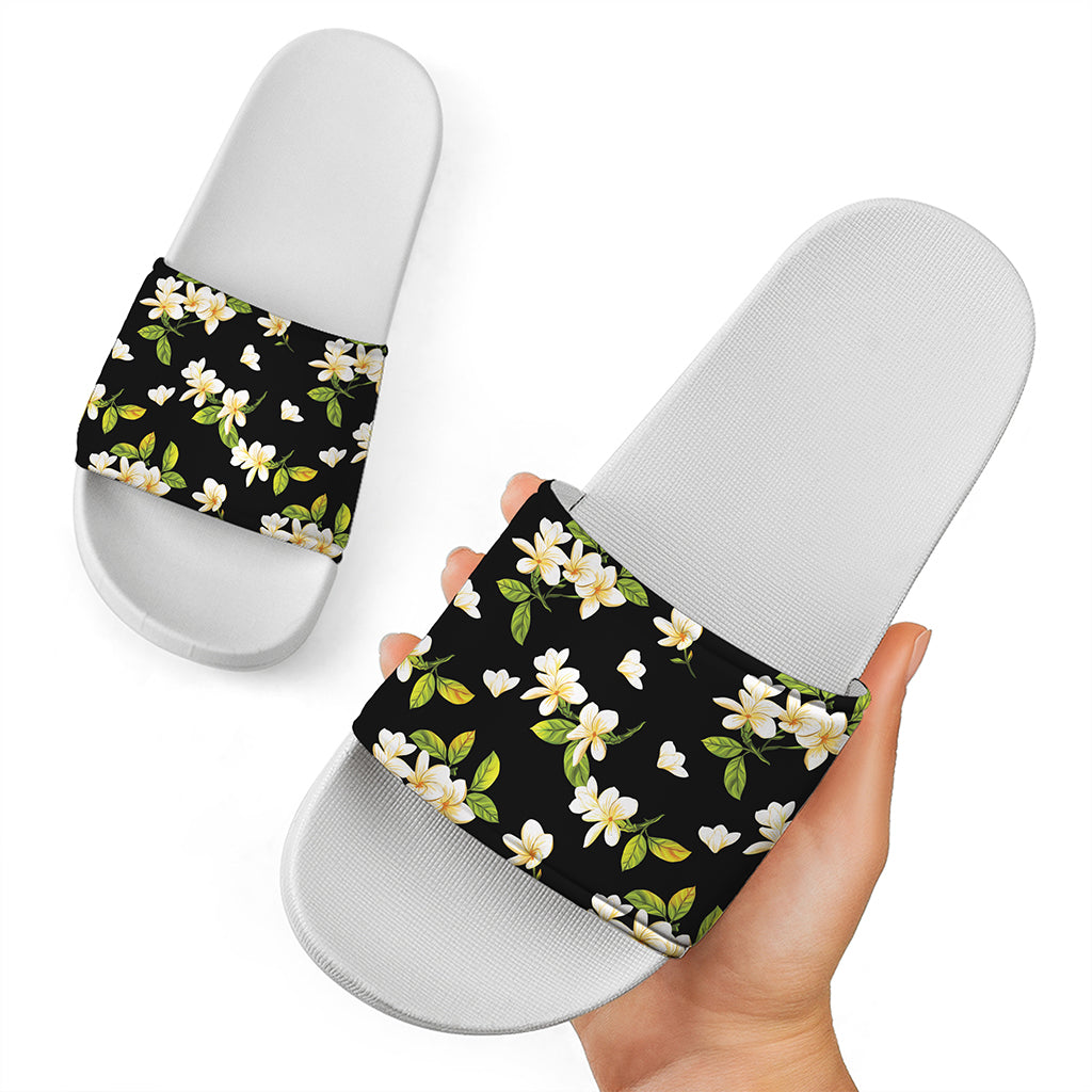 Vintage Plumeria Flower Pattern Print White Slide Sandals