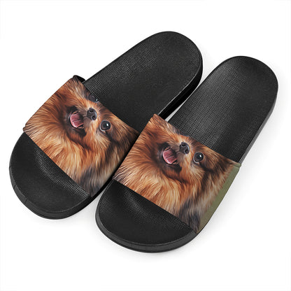 Vintage Pomeranian Portrait Black Slide Sandals