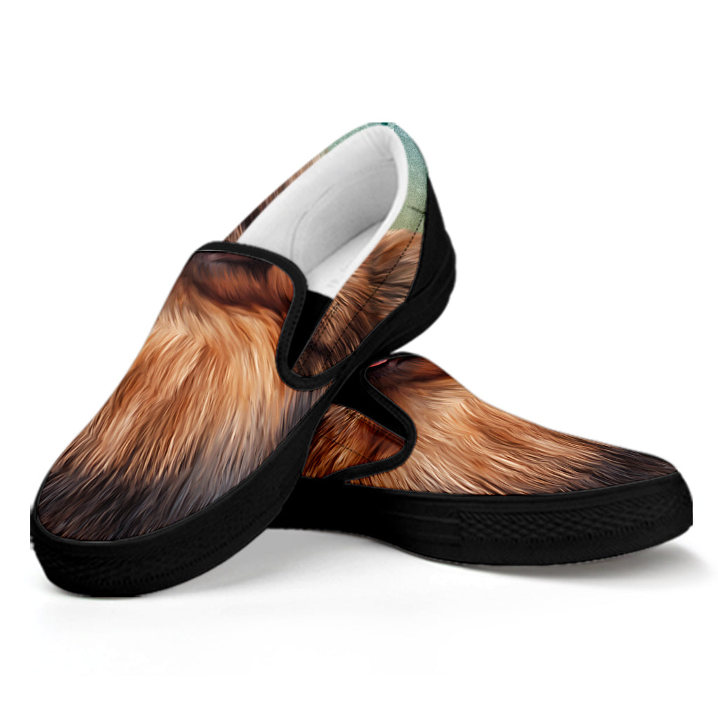 Vintage Pomeranian Portrait Black Slip On Shoes