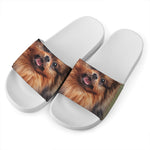 Vintage Pomeranian Portrait White Slide Sandals