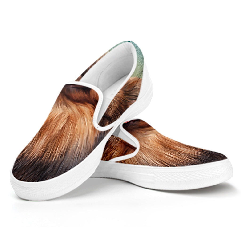 Vintage Pomeranian Portrait White Slip On Shoes