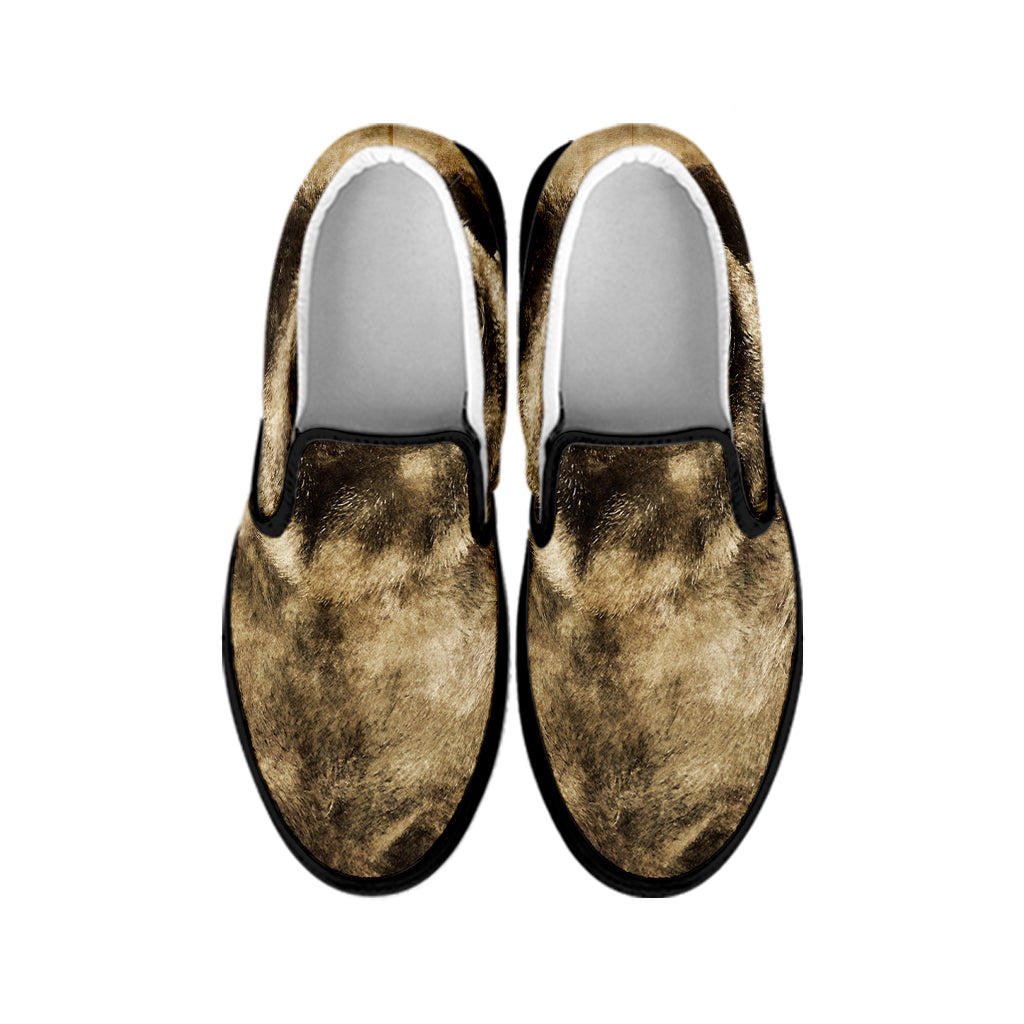 Vintage Pug Portrait Print Black Slip On Shoes