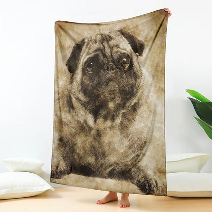 Vintage Pug Portrait Print Blanket