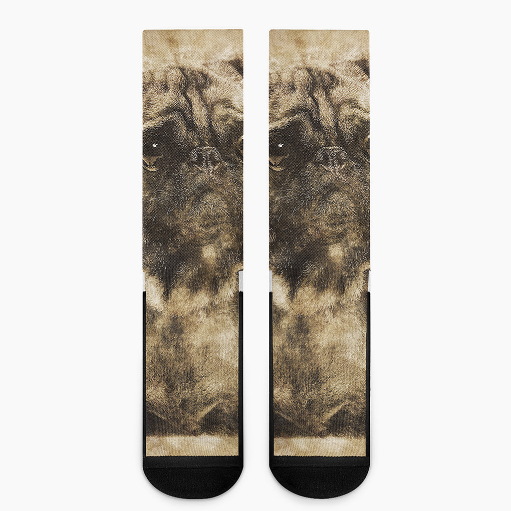 Vintage Pug Portrait Print Crew Socks