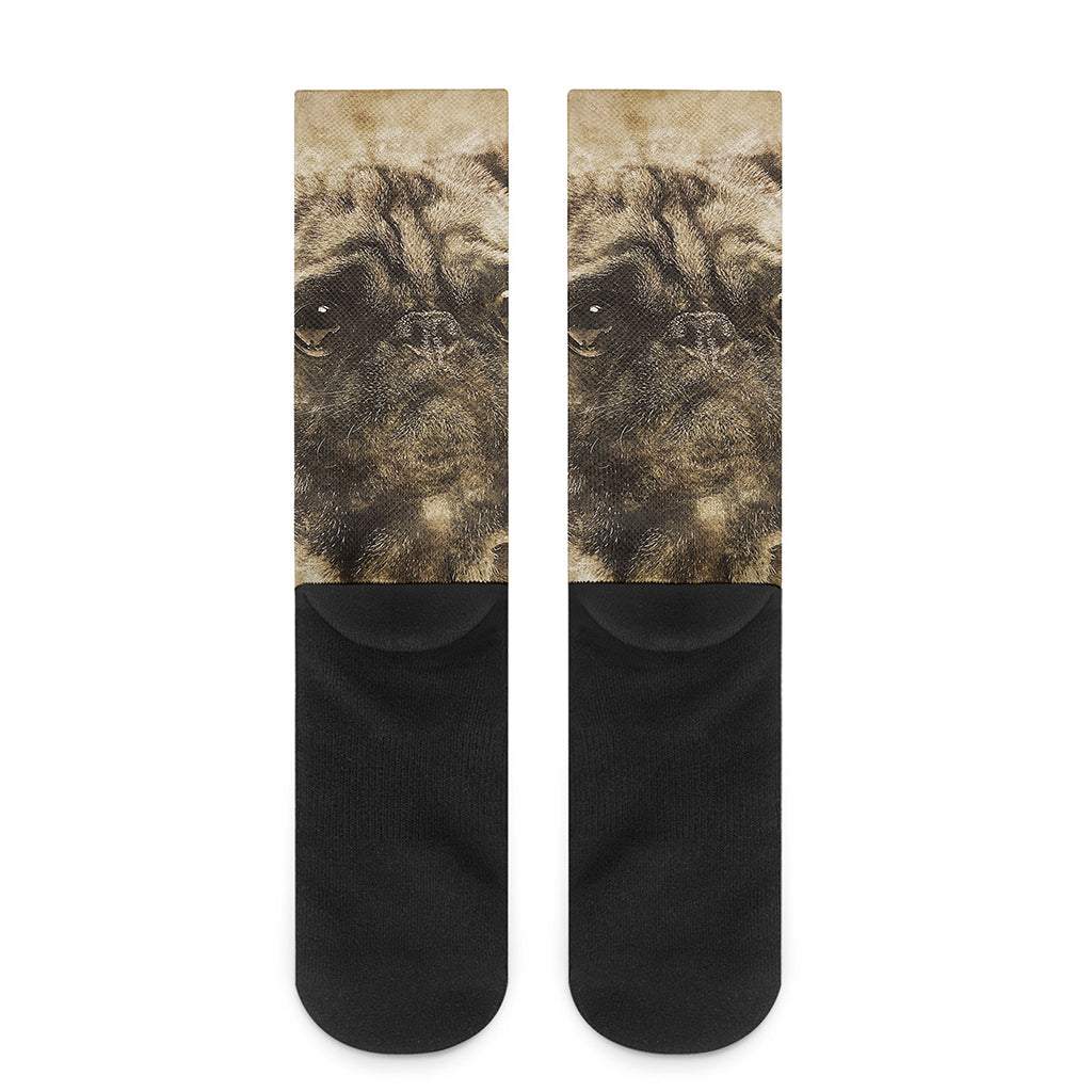 Vintage Pug Portrait Print Crew Socks