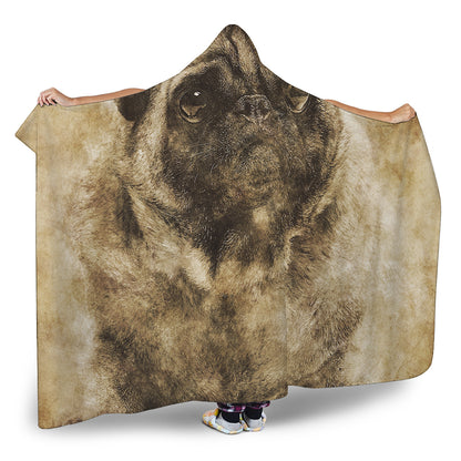 Vintage Pug Portrait Print Hooded Blanket