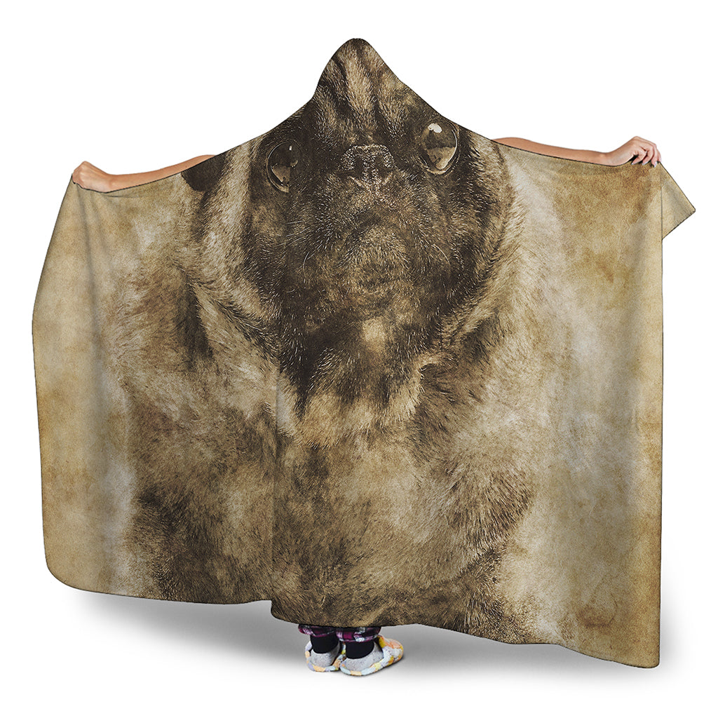Vintage Pug Portrait Print Hooded Blanket