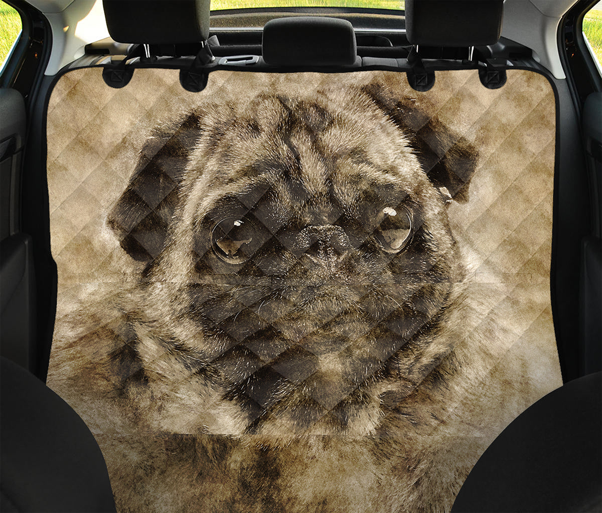 Vintage Pug Portrait Print Pet Car Back Seat Cover