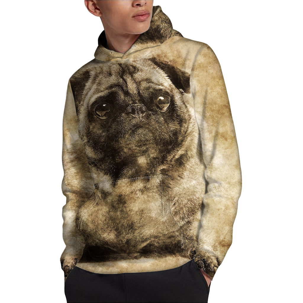Vintage Pug Portrait Print Pullover Hoodie