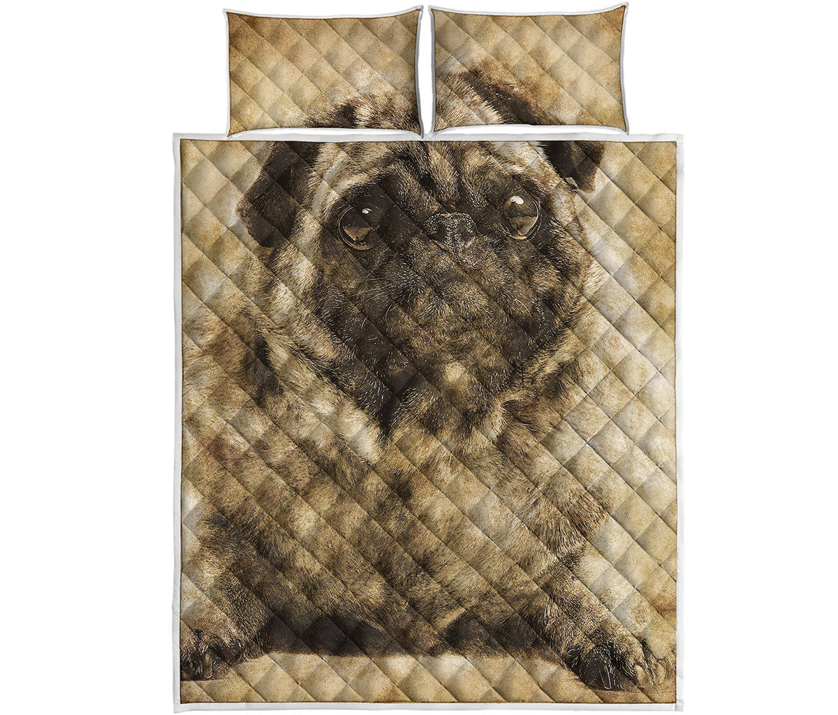 Vintage Pug Portrait Print Quilt Bed Set
