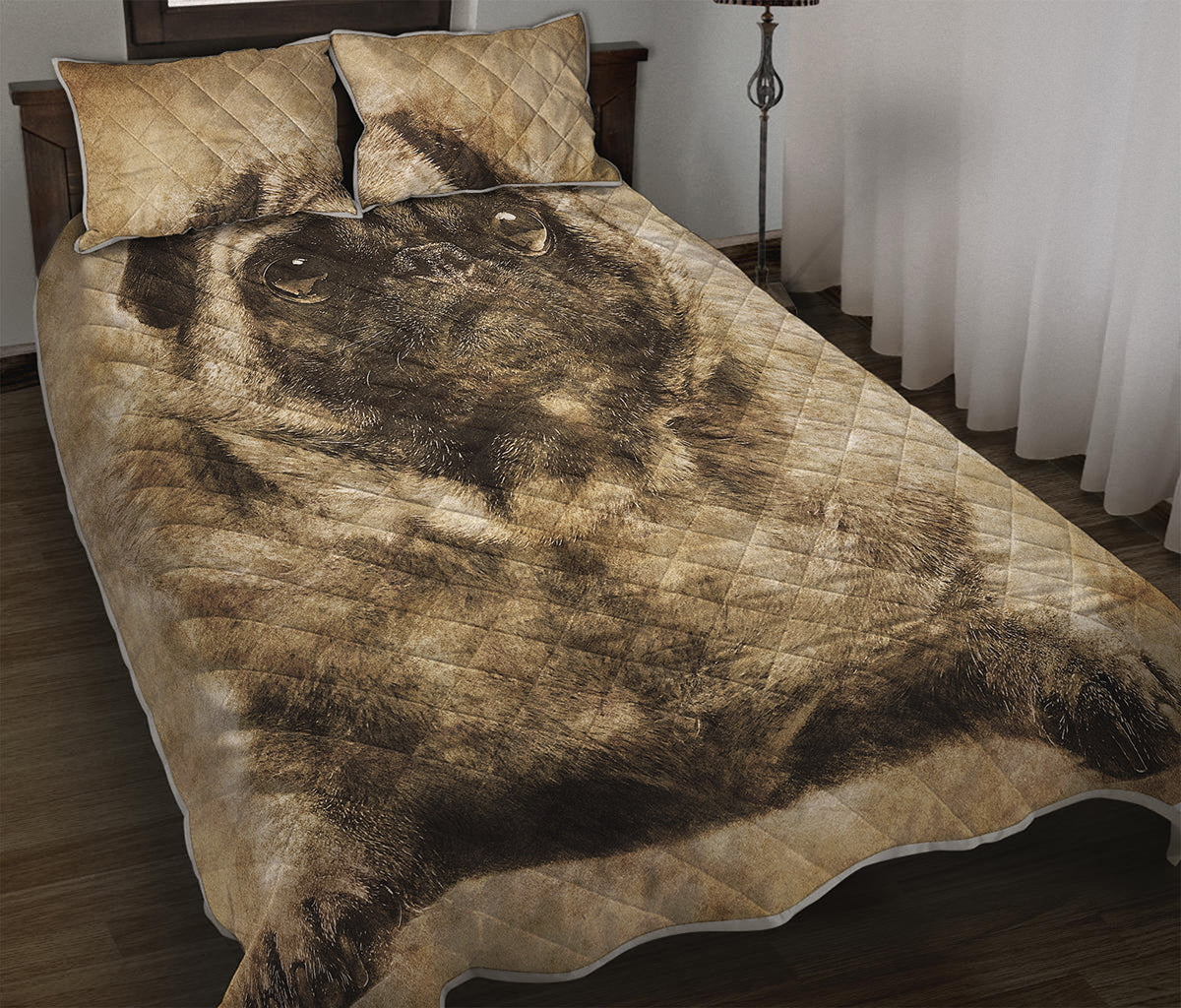 Vintage Pug Portrait Print Quilt Bed Set