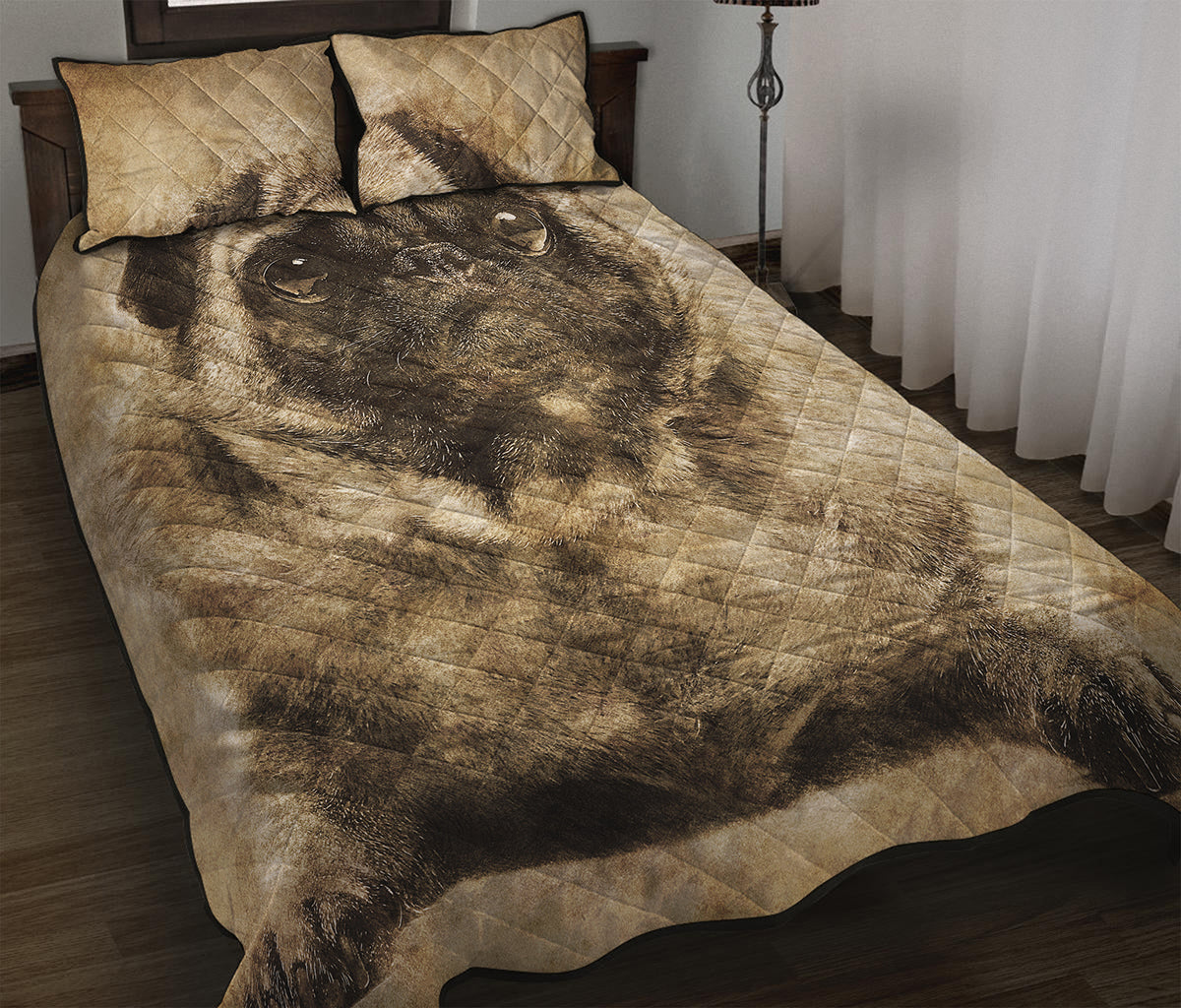Vintage Pug Portrait Print Quilt Bed Set