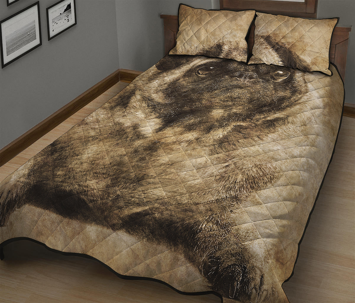 Vintage Pug Portrait Print Quilt Bed Set