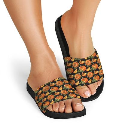 Vintage Pumpkin Pattern Print Black Slide Sandals